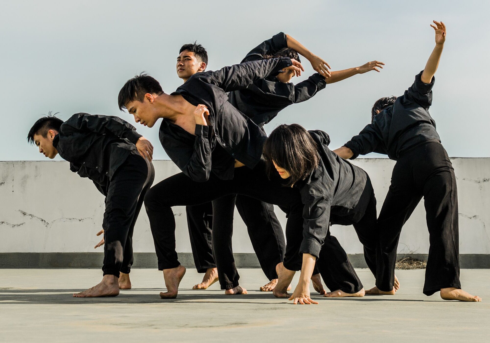 a group of dancers standing close together wearing black. Each person has positioned their body and arms leaning to the left. Front cover image of the Ausdance VIC RTO Partnerships prospectus.