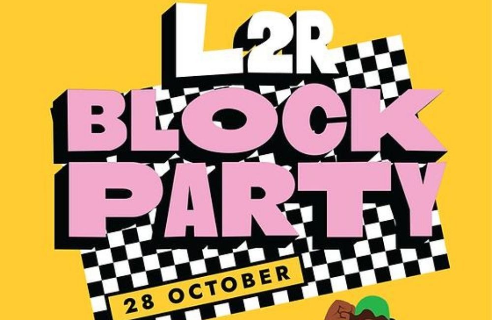 L2R Block Party logo on a yellow background