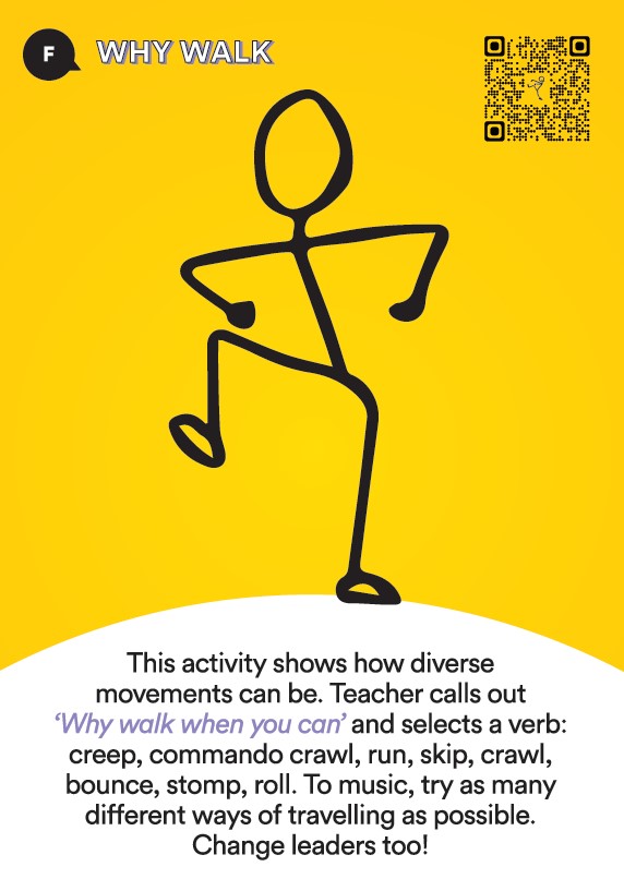 Activate! Foundation Activity Why Walk. This activity shows how diverse movement can be. Teacher calls out 'why walk when you can' and then selects a verb. Skip, creep, commando crawl, run, crawl, bounce, stomp. Add some music. Try different ways to travel. Let students call out different verbs.
