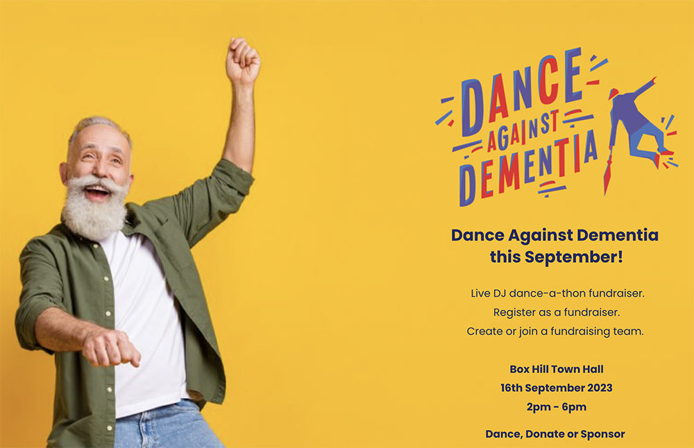 A happy older gentleman dancing to support a dance against dementia fundraiser